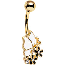 Load image into Gallery viewer, Gold Anodized Black and White Butterfly and Flower Belly Ring