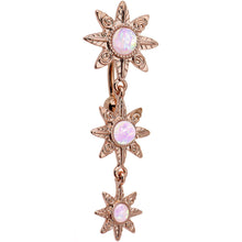 Load image into Gallery viewer, White Faux Opal Rose Gold Plated Flower Top Mount Dangle Belly Ring