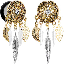 Load image into Gallery viewer, 9/16 Clear Gem Ornate Gold Disc Leaf Feather Dangle Plug Set