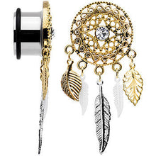 Load image into Gallery viewer, 5/8 Clear Gem Ornate Gold Disc Leaf Feather Dangle Plug Set