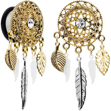 Load image into Gallery viewer, 5/8 Clear Gem Ornate Gold Disc Leaf Feather Dangle Plug Set
