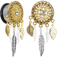 Load image into Gallery viewer, 18mm Clear Gem Ornate Gold Disc Leaf Feather Dangle Plug Set