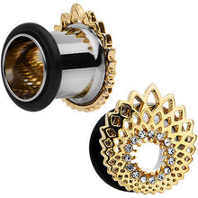 Load image into Gallery viewer, 00G Clear Gem Golden Gala Feather Single Flare Tunnel Plug Set
