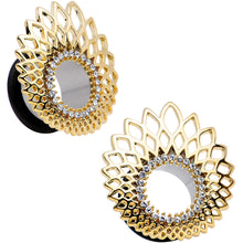 Load image into Gallery viewer, 9/16 Clear Gem Golden Gala Feather Single Flare Tunnel Plug Set