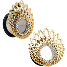 Load image into Gallery viewer, 5/8 Clear Gem Golden Gala Feather Single Flare Tunnel Plug Set