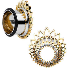 Load image into Gallery viewer, 18mm Clear Gem Golden Gala Feather Single Flare Tunnel Plug Set
