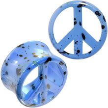 Load image into Gallery viewer, Black Speckled Blue Acrylic Peace Sign Saddle Plug Set Available in Sizes 00G to 20mm
