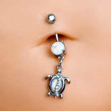 Load image into Gallery viewer, White Faux Opal Clear Gem Beach Turtle Dangle Belly Ring
