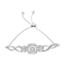 Load image into Gallery viewer, .925 Sterling Silver Diamond Cushion Frame Heart-Sides Twist 4â€-10†Adjustable Bolo Tennis Bolo Bracelet (I-J Color, I3 Clarity)