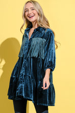 Load image into Gallery viewer, Fringe Detailed Velvet Shirt Dress – Velvet Shirt Dress, Fringe Detail Dress, Luxurious Shirt Dress, Elegant Velvet Dress, Playful Fringe Dress
