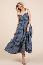 Load image into Gallery viewer, Geometric Embroidered Smocked Tie Shoulder Midi Dress For Women – Fluttering, Trendy and Chic Embroidered Midi Dress with Tie Shoulders