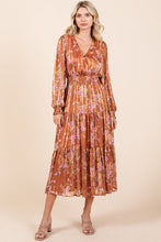 Load image into Gallery viewer, Flower Print Satin Lurex Stripe Smocked Midi Summer Dress β Elegant Midi Dress, Satin Lurex Dress, Floral Dress, Smocked Waist Dress, Romantic Midi Dress, Special Occasion Dress