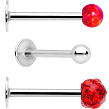 Load image into Gallery viewer, 16G 3/8 Red Faux Opal Ball Labret Monroe Tragus 3 Pack Set