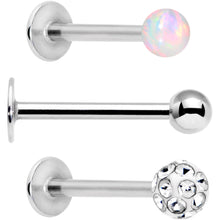 Load image into Gallery viewer, 16G 3/8 White Faux Opal Ball Labret Monroe Tragus 3 Pack Set