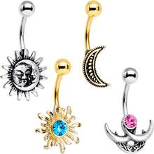 Load image into Gallery viewer, Blue Pink Gem Sun and Moon Goddess Belly Ring Set of 4