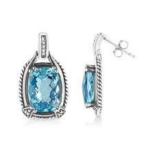 Load image into Gallery viewer, .925 Sterling Silver 14x10MM Cushion Cut Blue Topaz Gemstone and Diamond Accent Dangle Earring (I-J Color, I1-I2 Clarity)