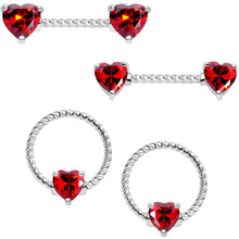 Load image into Gallery viewer, 14G Red CZ Gem Heart Twisted Captive Ring Barbell Nipple Ring Set