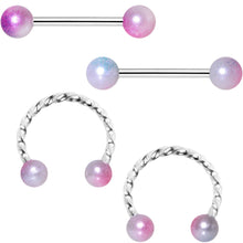 Load image into Gallery viewer, 14G Pink Purple Twisted Horseshoe Barbell Nipple Ring Set