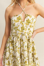Load image into Gallery viewer, New Summer Floral Print Halter Neck Tiered Mini Dress For Women – Elegant Halter Neckline Dress with Crisscross Detailing and Playful Tiered Skirt