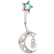 Load image into Gallery viewer, Aurora Gem Moon and Star Double Mount Belly Ring