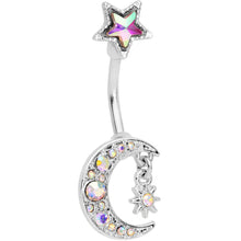 Load image into Gallery viewer, Aurora Gem Moon and Star Double Mount Belly Ring