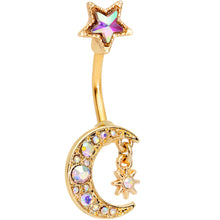 Load image into Gallery viewer, Aurora Gem Gold Tone Moon and Star Double Mount Belly Ring
