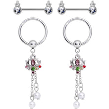 Load image into Gallery viewer, 14G Clear CZ Gem Lotus Flower Queen Captive Ring Barbell Nipple Ring Set