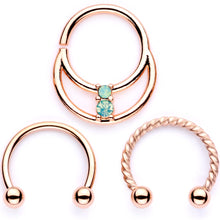Load image into Gallery viewer, 16G 3/8 Teal Faux Opal Rose Gold Tone Horseshoe Closure Ring Set