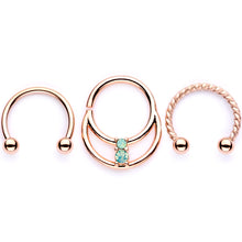 Load image into Gallery viewer, 16G 3/8 Teal Faux Opal Rose Gold Tone Horseshoe Closure Ring Set