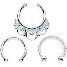 Load image into Gallery viewer, 16G Teal Faux Opal Twisted Horseshoe Clip On Fake Septum Ring Set