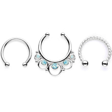 Load image into Gallery viewer, 16G Teal Faux Opal Twisted Horseshoe Clip On Fake Septum Ring Set