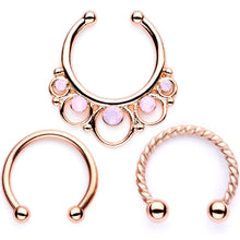 Load image into Gallery viewer, 16G Pink Faux Opal Rose Gold Tone Twisted Horseshoe Clip On Fake Septum Ring Set