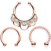 Load image into Gallery viewer, 16G Teal Faux Opal Rose Gold Tone Twisted Horseshoe Clip On Fake Septum Ring Set
