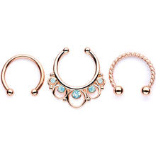 Load image into Gallery viewer, 16G Teal Faux Opal Rose Gold Tone Twisted Horseshoe Clip On Fake Septum Ring Set