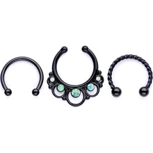 Load image into Gallery viewer, 16G Teal Faux Opal Black Anodized Twisted Horseshoe Clip On Fake Septum Ring Set