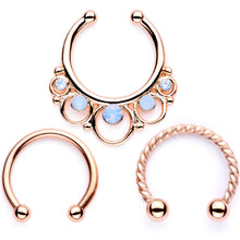 Load image into Gallery viewer, 16G Blue Faux Opal Rose Gold Tone Twisted Horseshoe Clip On Fake Septum Ring Set