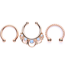Load image into Gallery viewer, 16G Blue Faux Opal Rose Gold Tone Twisted Horseshoe Clip On Fake Septum Ring Set