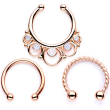 Load image into Gallery viewer, 16G White Faux Opal Rose Gold Tone Twisted Horseshoe Clip On Fake Septum Ring Set