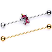 Load image into Gallery viewer, Purple Glitter Cartoon Unicorn Gold Tone Industrial Barbell Set of 2