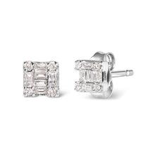 Load image into Gallery viewer, 10K White Gold 1/7 Cttw Round and Baguette Diamond Mosaic Square Stud Earrings (H-I Color, I1-I2 Clarity)