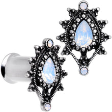 Load image into Gallery viewer, White Faux Opal Filigree Framed Double Flare Plug Set 6mm to 12mm
