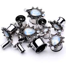 Load image into Gallery viewer, White Faux Opal Filigree Framed Double Flare Plug Set 6mm to 12mm