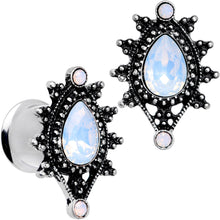 Load image into Gallery viewer, White Faux Opal Filigree Framed Double Flare Plug Set 6mm to 12mm