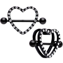 Load image into Gallery viewer, 14G 5/8 Clear Gem Black Valentine Heart Nipple Ring Set