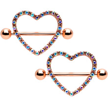 Load image into Gallery viewer, 14G 5/8 Aurora Gem Rose Gold Tone Valentine Heart Nipple Ring Set