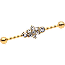 Load image into Gallery viewer, 14G Clear Gem Gold IP Floral Cluster Industrial Barbell 38mm