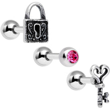 Load image into Gallery viewer, 16G 1/4 Pink Gem Lock and Key Cartilage Tragus Earring Set of 3
