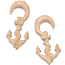 Load image into Gallery viewer, Organic Hand Carved Wood Nautical Anchor Hanger Plug Set 4mm to 10mm