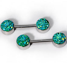 Load image into Gallery viewer, 14G 9/16 Green Synthetic Druzy Garden Barbell Nipple Ring Set