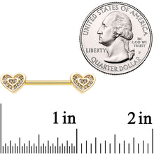 Load image into Gallery viewer, 9/16 Clear Gem Gold Tone Plated Heart Barbell Nipple Ring Set